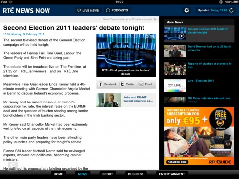 RTÉ News Now app for iPad article page