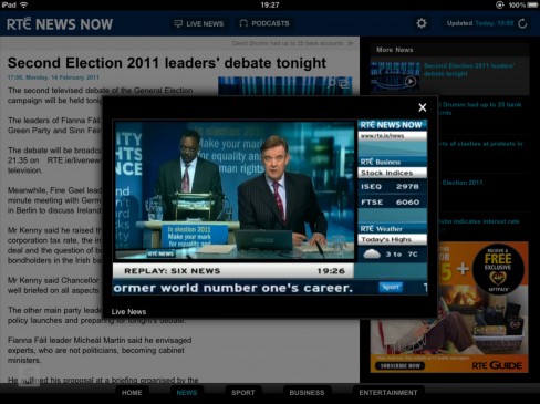 RTÉ News Now app for iPad rolling news overlay