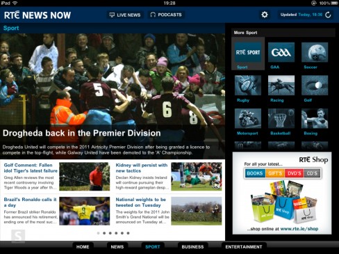 RTÉ News Now app for iPad sports category