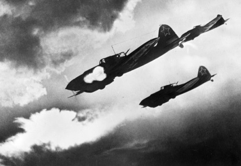 Soviet IL-2 combat aircraft attack an enemy formation. The Kursk Bulge (Operation Citadel), The Voronezh Front, Russia.