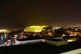 The view of the Aviva Stadium at night from Google's Dublin offices