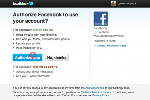 Authorise Facebook to publish updates to your Twitter account