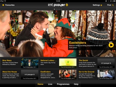Home screen of the RTÉ Player app on the iPad