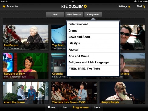 RTÉ Player iPad app content categories