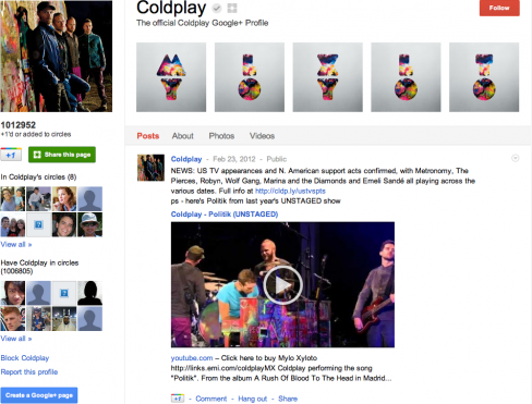 Coldplay's Google+ page