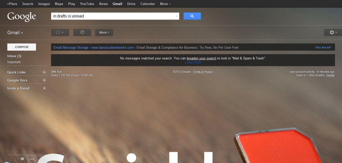 Gmail background with focus on bottom