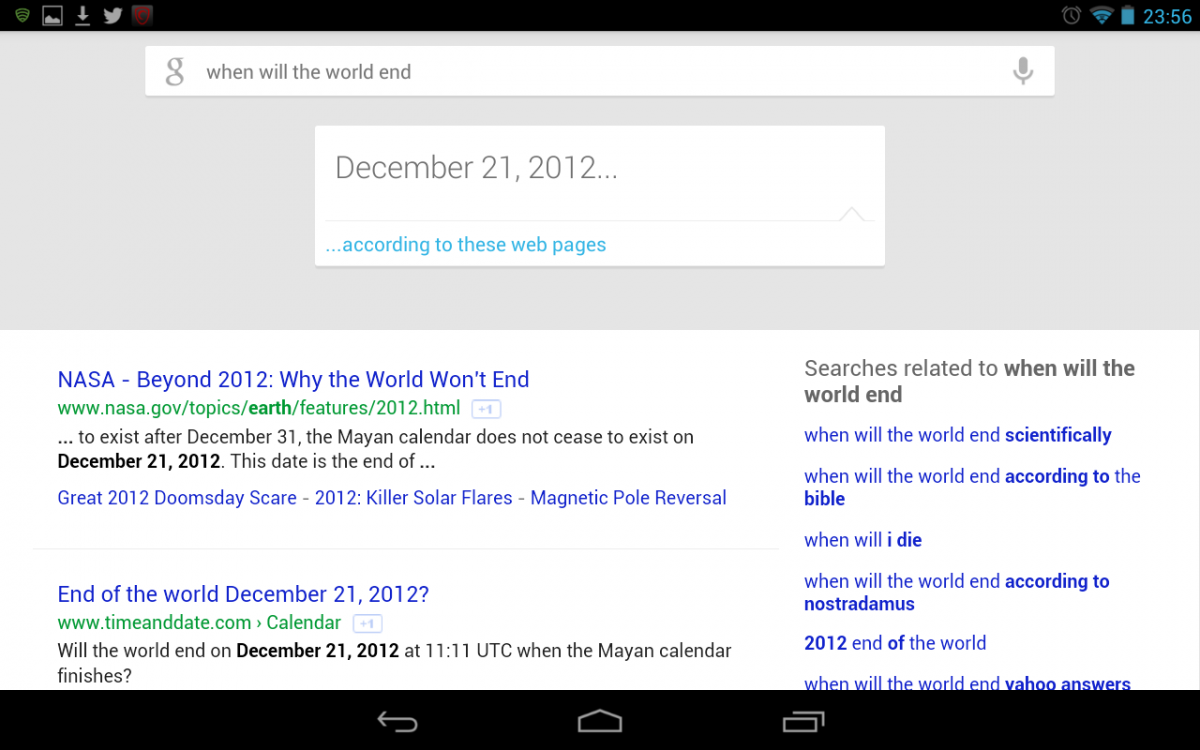 Google Now predicts that the world will end on December 21 2012