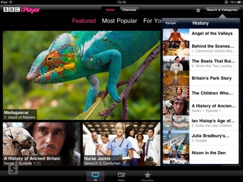 BBC iPlayer iPad app category dropdown