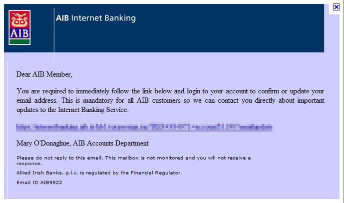 Scam phishing email purporting to be from AIB