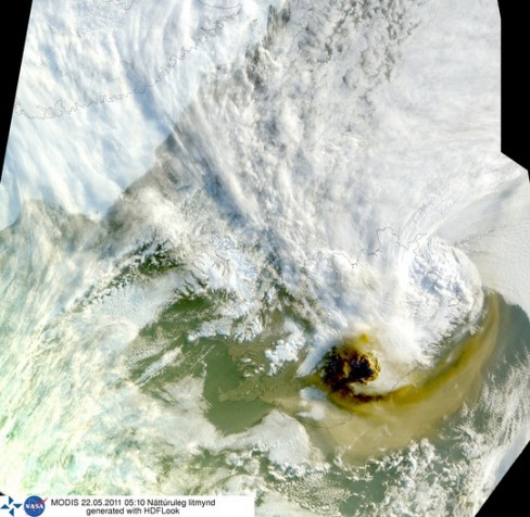 Grímsvötn eruption at 05:10 UTC on May 22, 2011. Credit: NASA/GSFC, MODIS Rapid Response