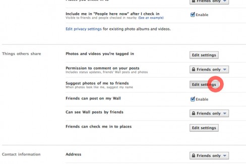 3. Scroll down to where it reads Suggest photos of me to friends and click Edit settings