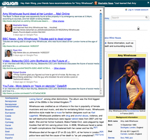 Wajam showing more information from Wikipedia about Amy Winehouse