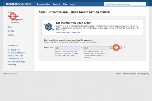 3. Click on Open Graph, type in any action and object and click Get Started.