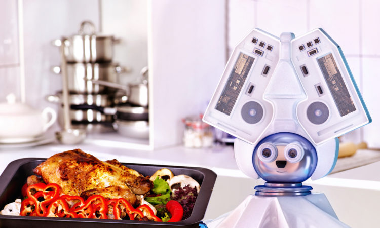 Robot domestic assistance cook at kitchen.