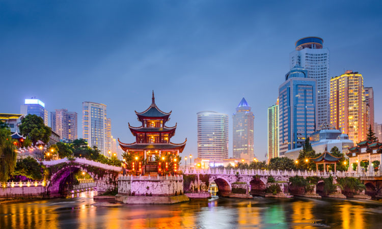 Guiyang, China skyline at Jiaxiu Pavilion on the Nanming River.