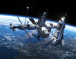 Space Shuttle And Space Station In Space. 3D Scene.