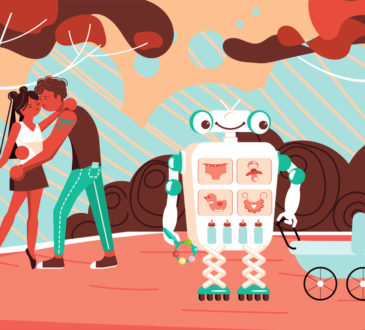 Robot Assistant walks with a baby in a stroller in the park, young parents kiss. Flat Art Vector illustration