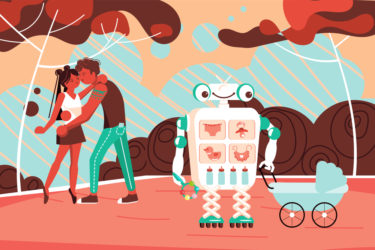 Robot Assistant walks with a baby in a stroller in the park, young parents kiss. Flat Art Vector illustration