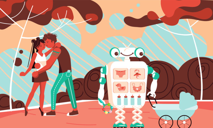 Robot Assistant walks with a baby in a stroller in the park, young parents kiss. Flat Art Vector illustration