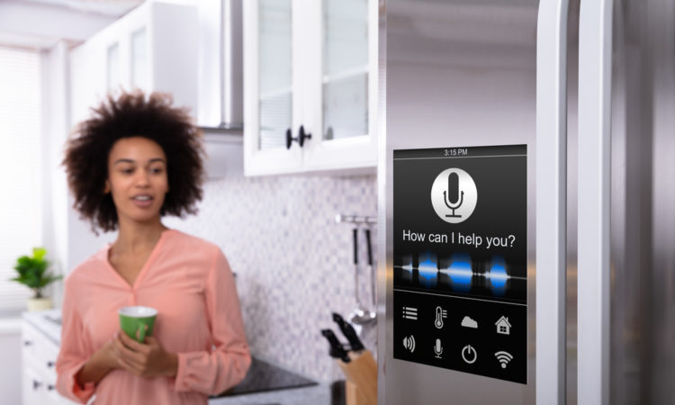 Woman Standing Near The Refrigerator With Voice Recognition