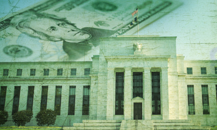 The Federal Reserve building in Washington DC superimposed on a twenty dollar bill and a grunge texture background