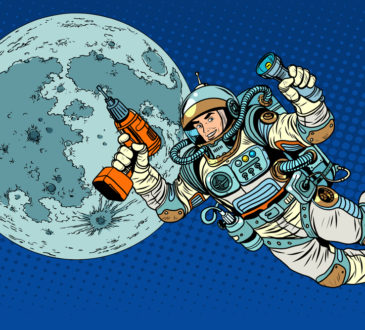 Astronaut with a drill and flashlight on the Moon pop art retro style. Repairs and construction. Colonization of the moon and other planets