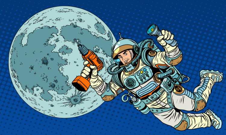 Astronaut with a drill and flashlight on the Moon pop art retro style. Repairs and construction. Colonization of the moon and other planets