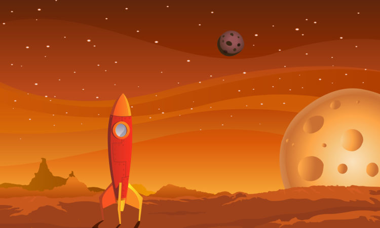 Illustration of a cartoon spaceship landing on martian red desert landscape