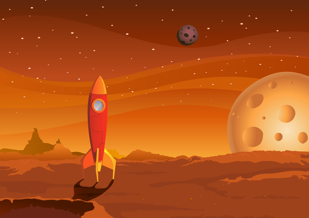 Illustration of a cartoon spaceship landing on martian red desert landscape