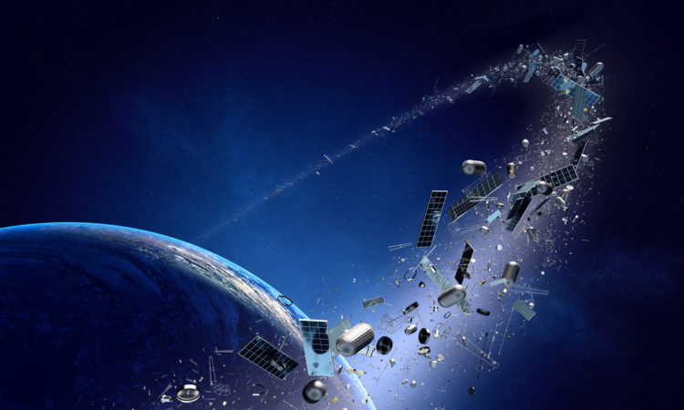 Space junk orbiting around earth - Conceptual of pollution around our planet (Texture map for 3d furnished by NASA - http://visibleearth.nasa.gov/)