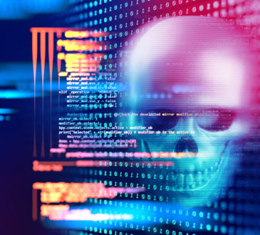 3d rendering of skull on technology background represent internet security and cyber criminal