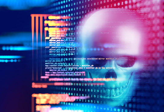 3d rendering of skull on technology background represent internet security and cyber criminal