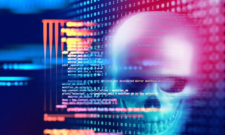 3d rendering of skull on technology background represent internet security and cyber criminal